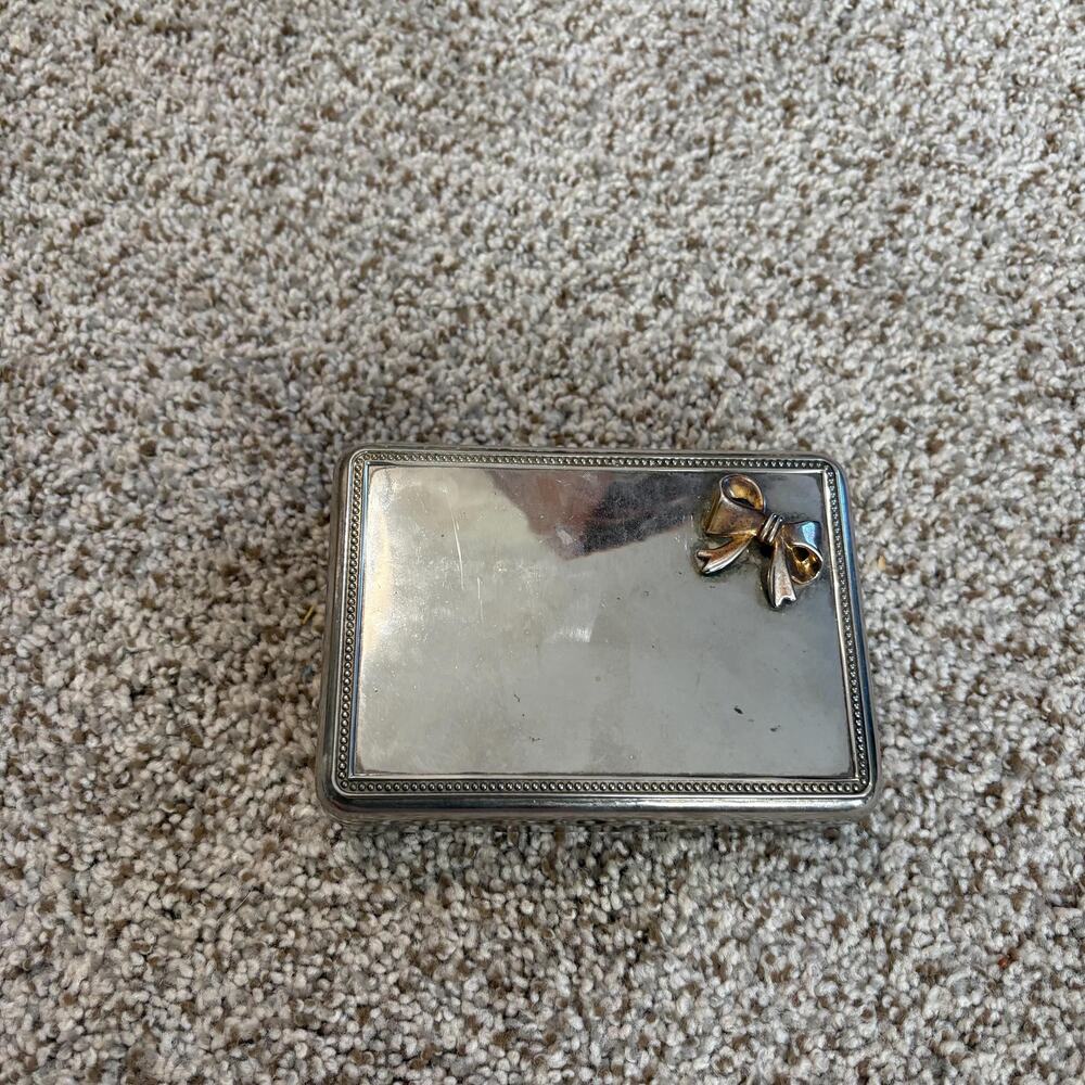 Vintage Silver-Plated Jewelry Box Gold Tone Bow, Blue Felt Interior with Mirror